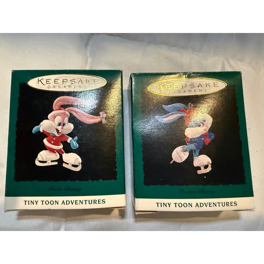 Vintage 1994 Hallmark TINY Toon Adventures Babs & Buster Bunny Ornaments Set